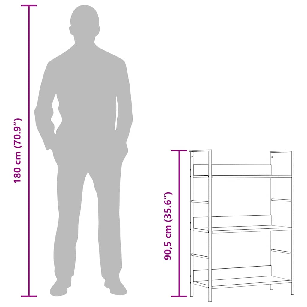 vidaXL Bücherregal 3 Regalböden Schwarz 60×27,6×90,5 cm Holzwerkstoff