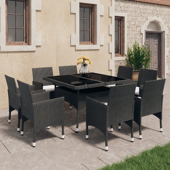 vidaXL 3-tlg. Garten-Essgruppe Schwarz Poly Rattan und Glas