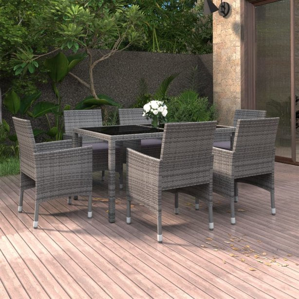 vidaXL 7-tlg. Garten-Essgruppe Poly Rattan und Hartglas Schwarz