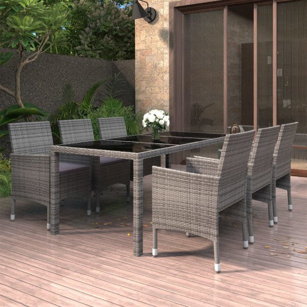 vidaXL 7-tlg. Garten-Essgruppe Poly Rattan und Hartglas Schwarz
