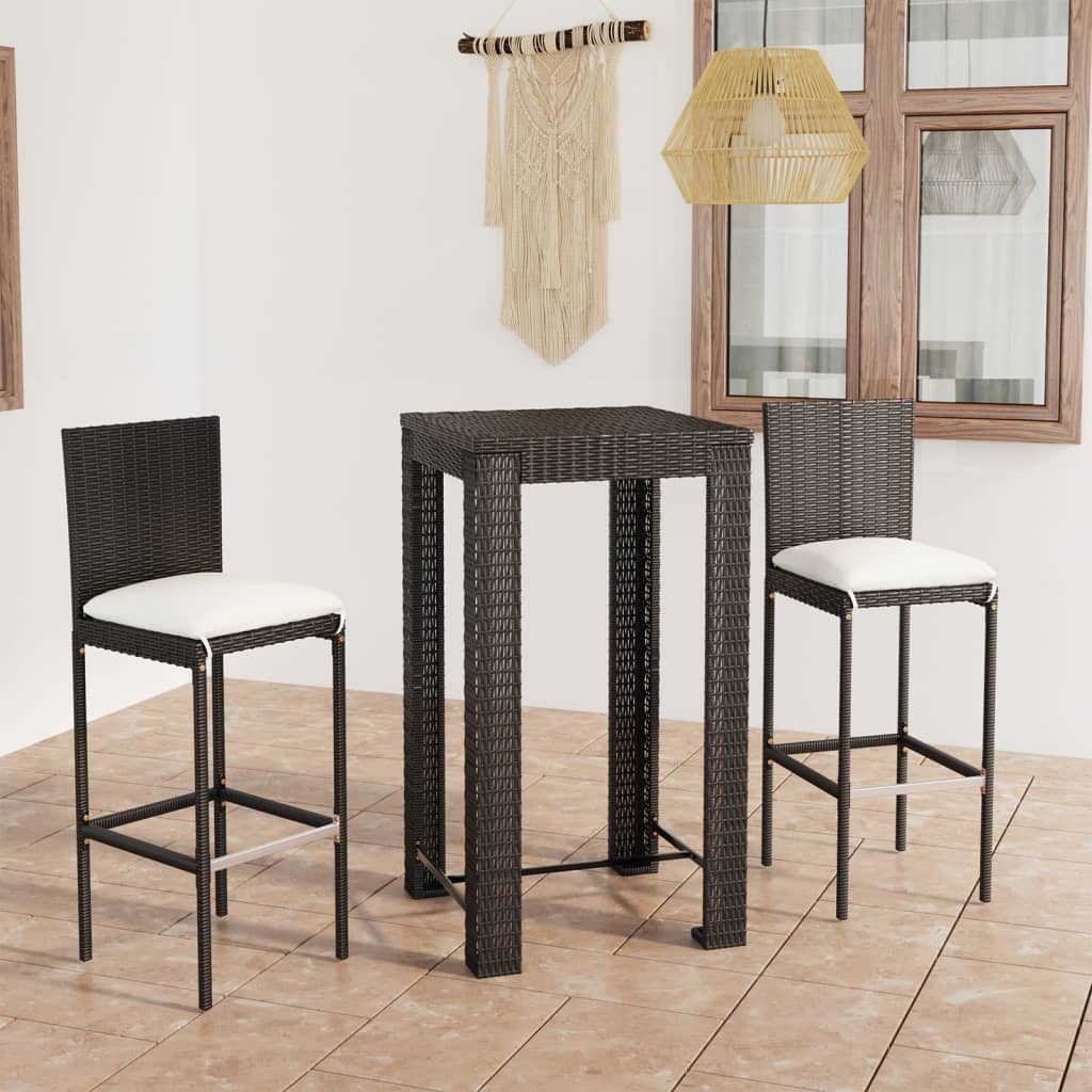 vidaXL 3-tlg. Gartenbar-Set mit Kissen Poly Rattan Schwarz