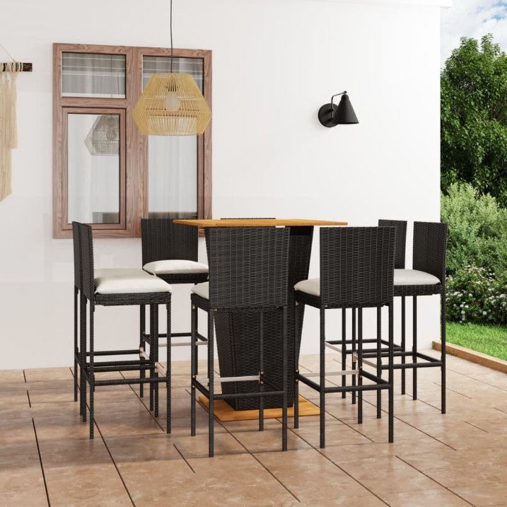vidaXL 3-tlg. Gartenbar-Set mit Kissen Poly Rattan Schwarz
