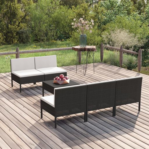 vidaXL 5-tlg. Garten-Lounge-Set mit Auflagen Poly Rattan Schwarz