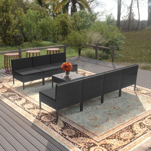 vidaXL 5-tlg. Garten-Lounge-Set mit Auflagen Poly Rattan Schwarz