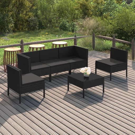 vidaXL 6-tlg. Garten-Lounge-Set mit Auflagen Poly Rattan Schwarz