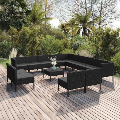 vidaXL 5-tlg. Garten-Lounge-Set mit Auflagen Poly Rattan Schwarz