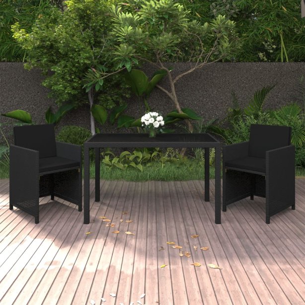 vidaXL 3-tlg. Garten-Essgruppe mit Kissen Poly Rattan Schwarz