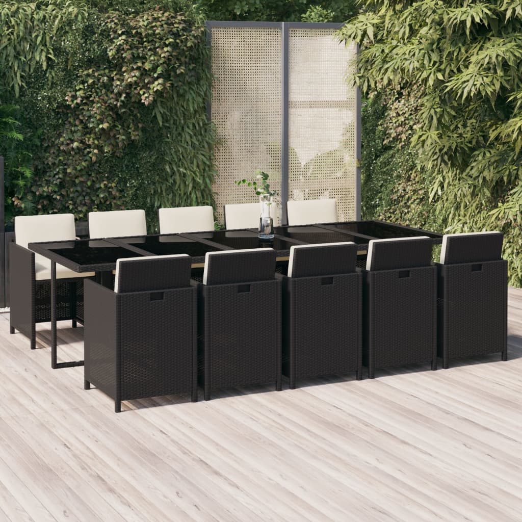 vidaXL 11-tlg. Garten-Essgruppe mit Kissen Poly Rattan Schwarz