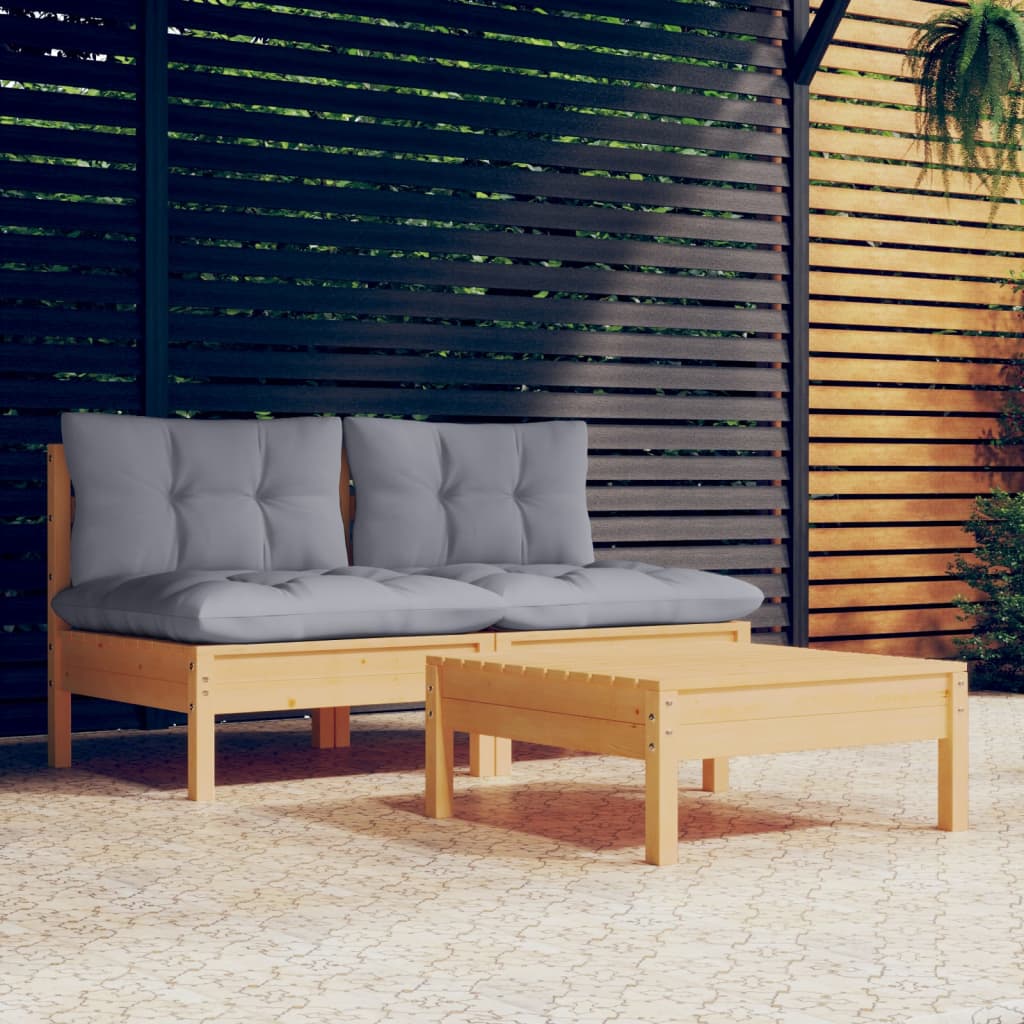 vidaXL 3-tlg. Garten-Lounge-Set mit Grauen Kissen Kiefernholz