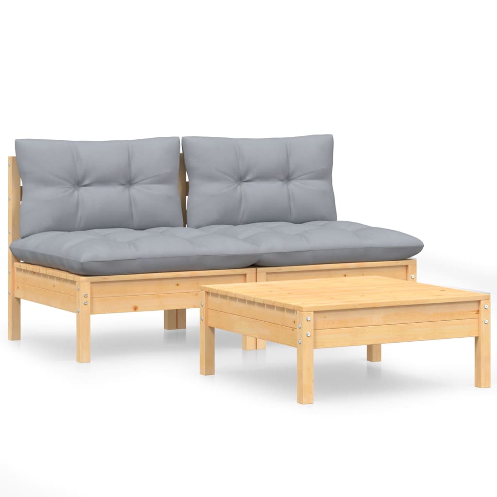 vidaXL 3-tlg. Garten-Lounge-Set mit Grauen Kissen Kiefernholz