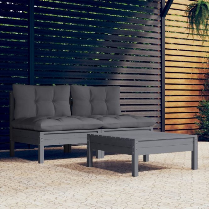 vidaXL 3-tlg. Garten-Lounge-Set mit Grauen Kissen Kiefernholz