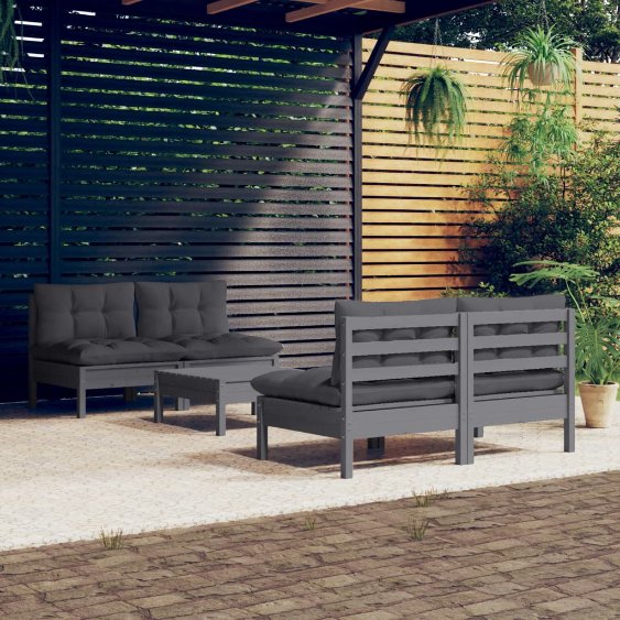 vidaXL 5-tlg. Garten-Lounge-Set mit Grauen Kissen Kiefernholz