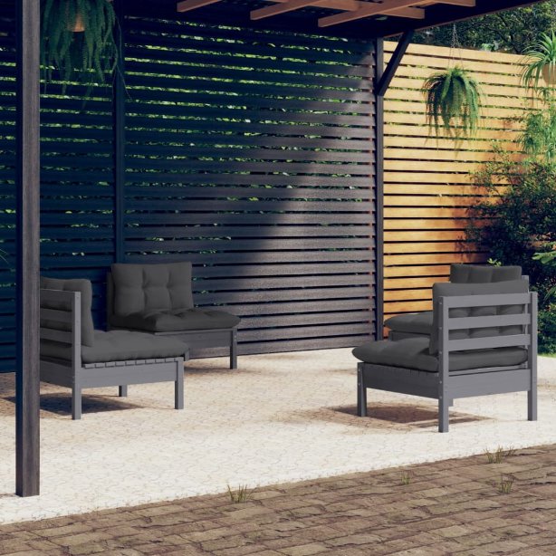 vidaXL 4-tlg. Garten-Lounge-Set mit Grauen Kissen Kiefernholz