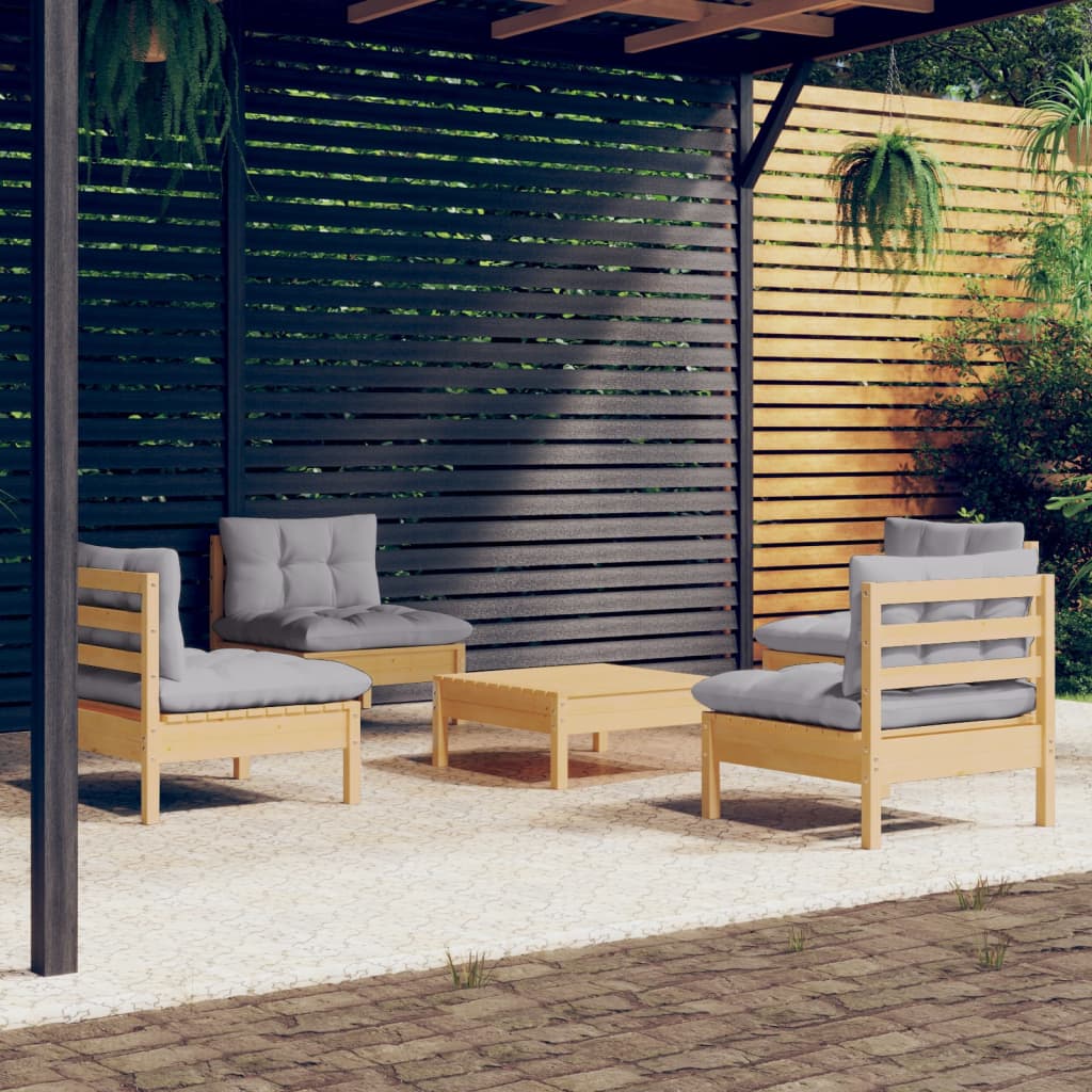 vidaXL 5-tlg. Garten-Lounge-Set mit Grauen Kissen Kiefernholz