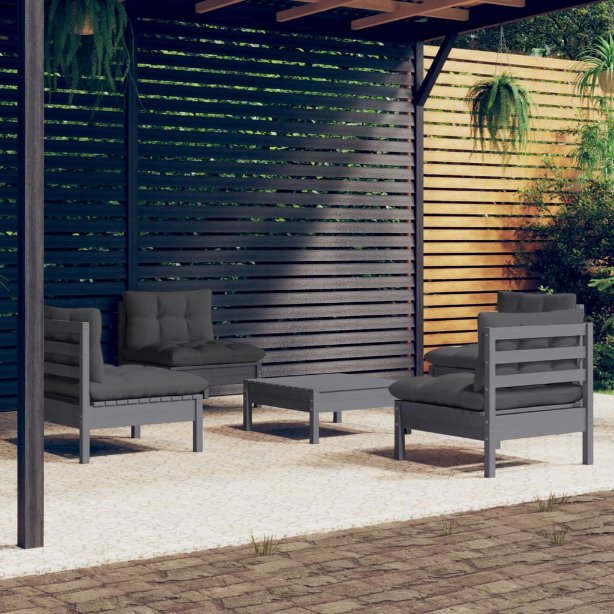 vidaXL 5-tlg. Garten-Lounge-Set mit Grauen Kissen Kiefernholz