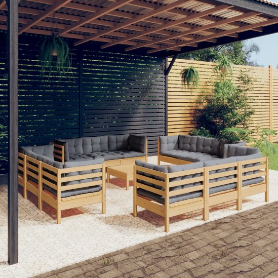 vidaXL 13-tlg. Garten-Lounge-Set mit Grauen Kissen Kiefernholz