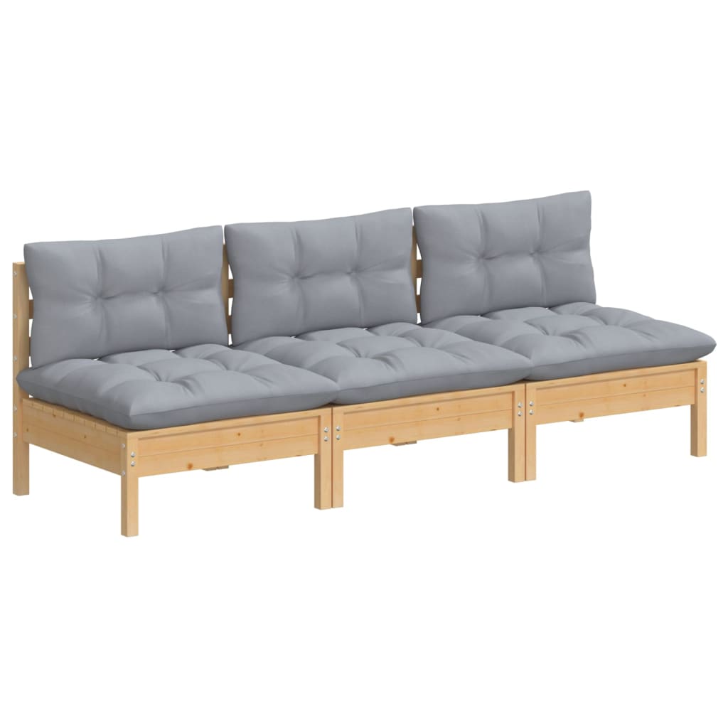 vidaXL 3-Sitzer-Gartensofa mit Grauen Kissen Massivholz Kiefer