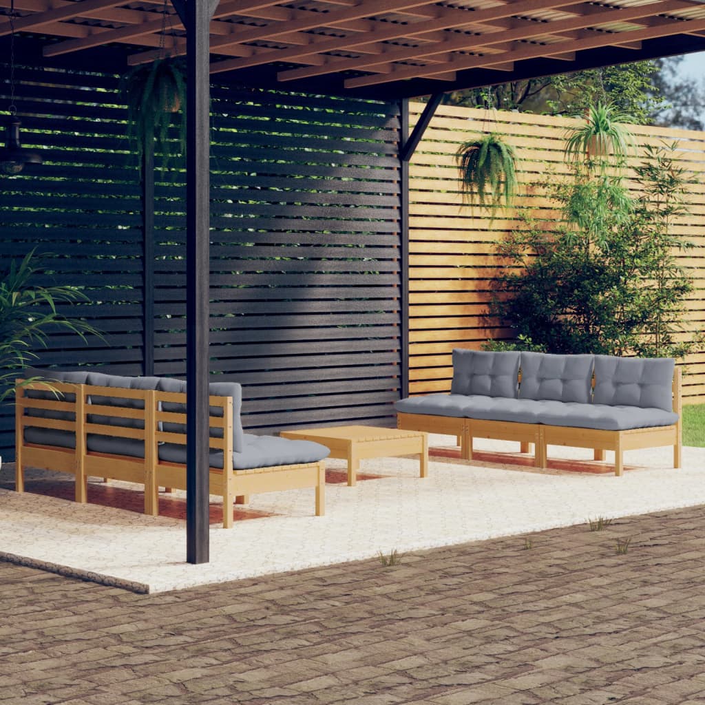vidaXL 7-tlg. Garten-Lounge-Set mit Grauen Kissen Kiefernholz
