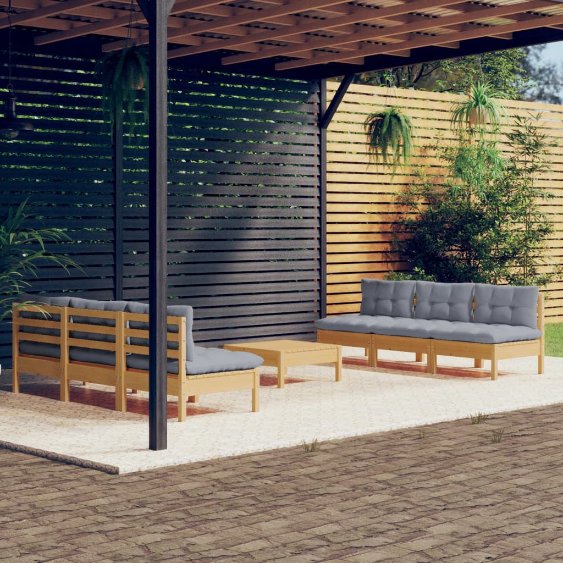 vidaXL 7-tlg. Garten-Lounge-Set mit Grauen Kissen Kiefernholz