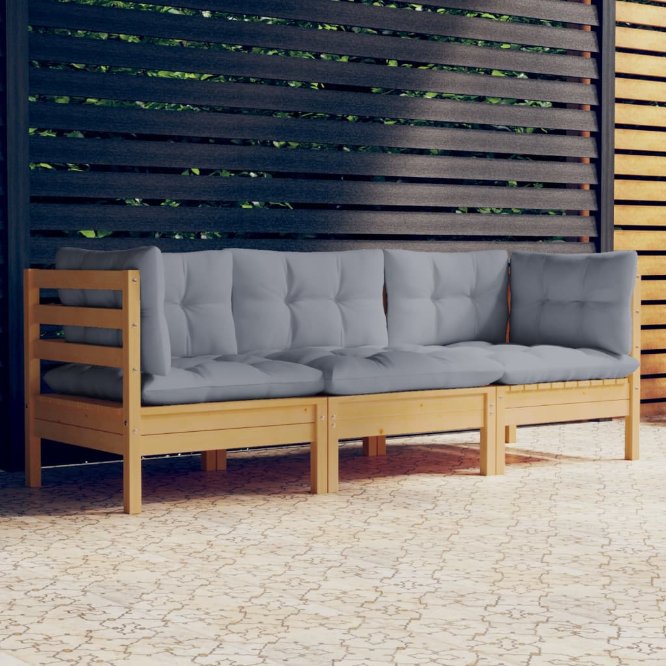 vidaXL 3-Sitzer-Gartensofa mit Grauen Kissen Massivholz Kiefer
