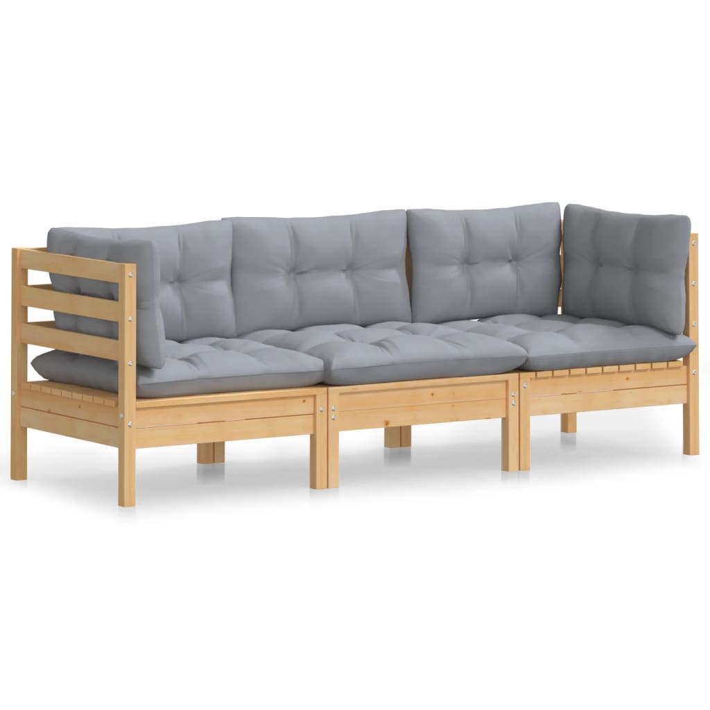 vidaXL 3-Sitzer-Gartensofa mit Grauen Kissen Massivholz Kiefer