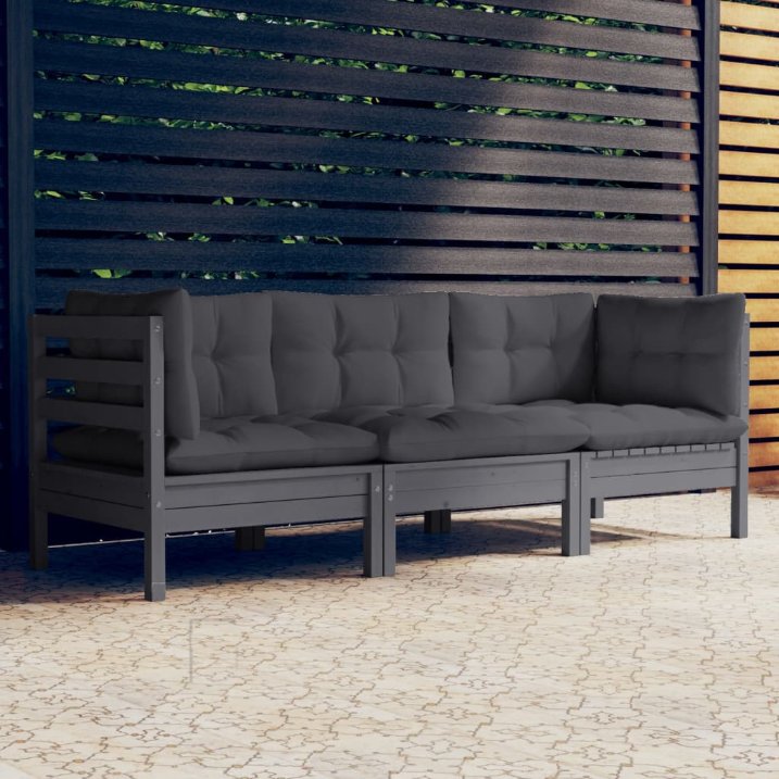vidaXL 3-Sitzer-Gartensofa mit Grauen Kissen Massivholz Kiefer