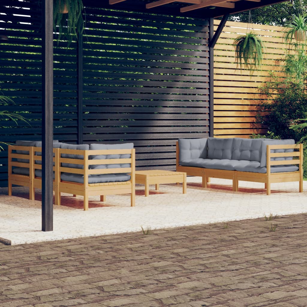 vidaXL 7-tlg. Garten-Lounge-Set mit Grauen Kissen Kiefernholz