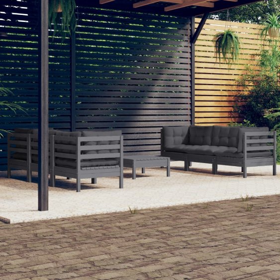 vidaXL 7-tlg. Garten-Lounge-Set mit Grauen Kissen Kiefernholz