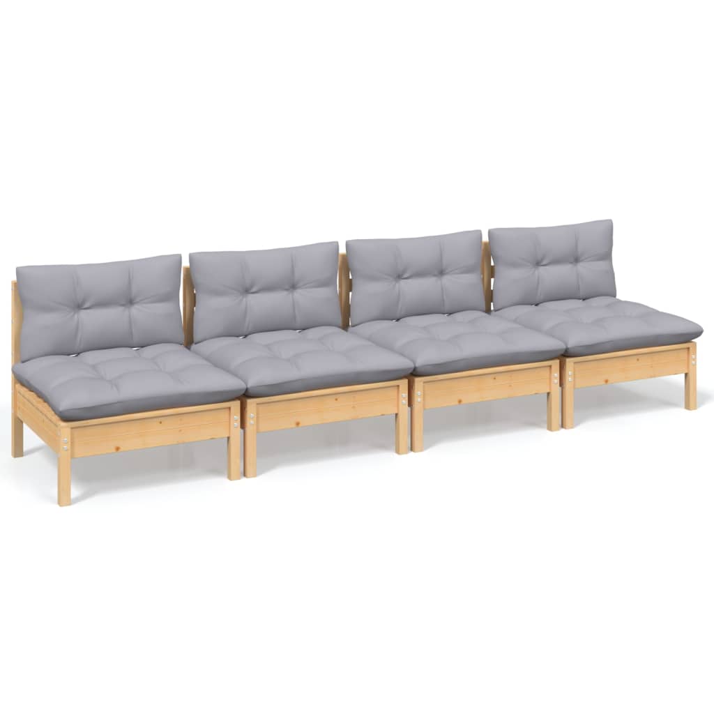 vidaXL 4-Sitzer-Gartensofa mit Grauen Kissen Massivholz Kiefer