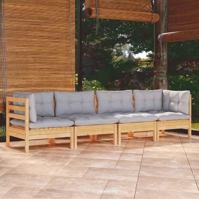 vidaXL 4-tlg. Garten-Lounge-Set mit Grauen Kissen Kiefer Massivholz