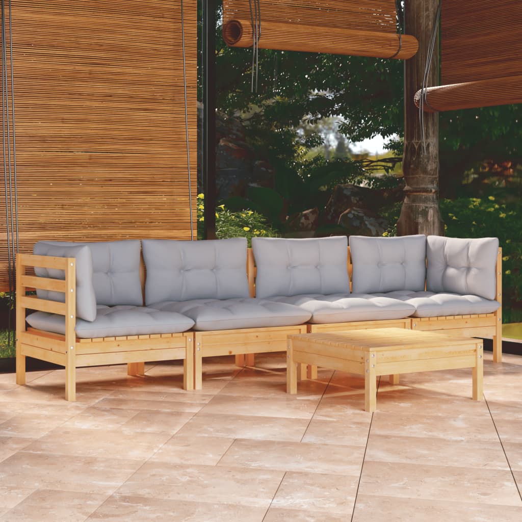 vidaXL 5-tlg. Garten-Lounge-Set mit Grauen Kissen Kiefer Massivholz
