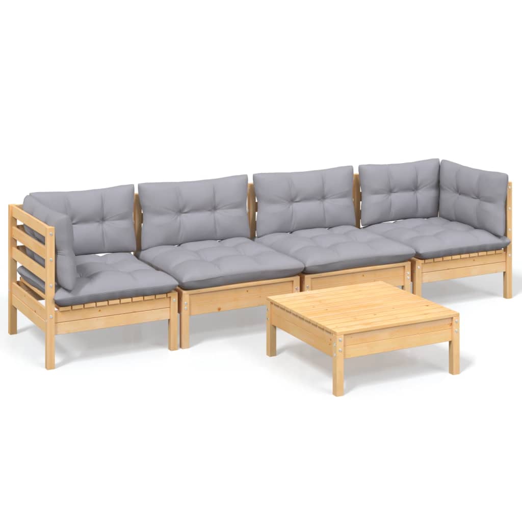 vidaXL 5-tlg. Garten-Lounge-Set mit Grauen Kissen Kiefer Massivholz