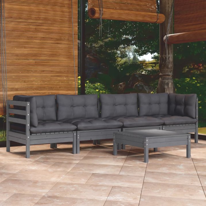 vidaXL 5-tlg. Garten-Lounge-Set mit Grauen Kissen Kiefer Massivholz