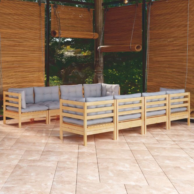 vidaXL 9-tlg. Garten-Lounge-Set mit Grauen Kissen Kiefer Massivholz