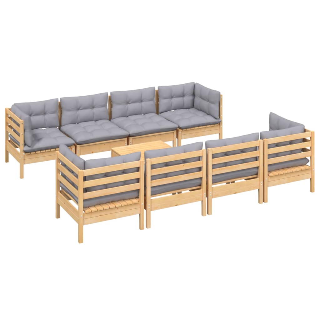 vidaXL 9-tlg. Garten-Lounge-Set mit Grauen Kissen Kiefer Massivholz