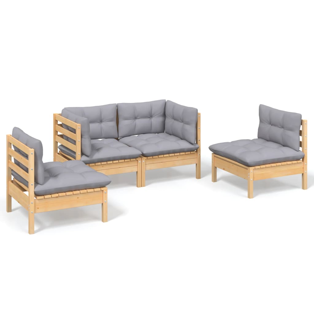 vidaXL 4-tlg. Garten-Lounge-Set mit Grauen Kissen Kiefer Massivholz