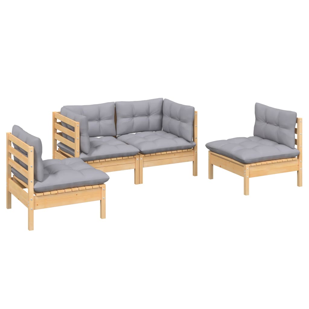 vidaXL 4-tlg. Garten-Lounge-Set mit Grauen Kissen Kiefer Massivholz