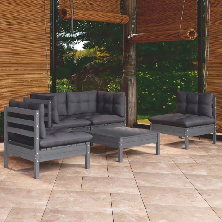 vidaXL 5-tlg. Garten-Lounge-Set mit Grauen Kissen Kiefer Massivholz