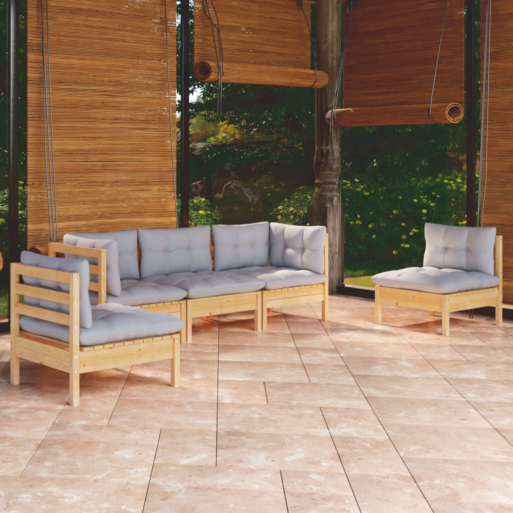 vidaXL 5-tlg. Garten-Lounge-Set mit Grauen Kissen Kiefer Massivholz