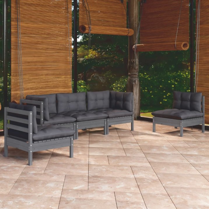 vidaXL 5-tlg. Garten-Lounge-Set mit Grauen Kissen Kiefer Massivholz