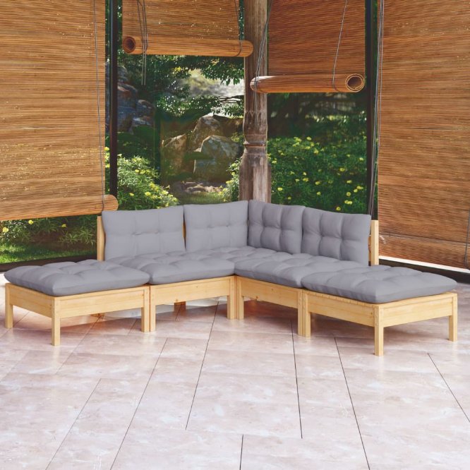 vidaXL 5-tlg. Garten-Lounge-Set mit Grauen Kissen Kiefernholz