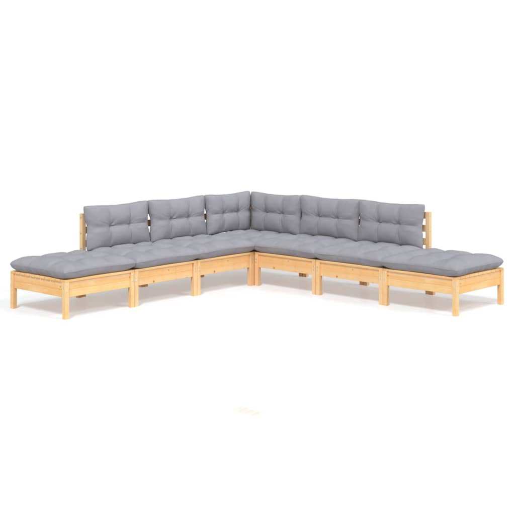 vidaXL 7-tlg. Garten-Lounge-Set mit Grauen Kissen Kiefernholz