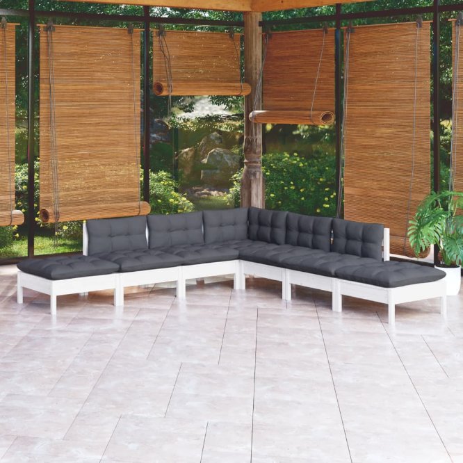 vidaXL 7-tlg. Garten-Lounge-Set mit Grauen Kissen Kiefernholz