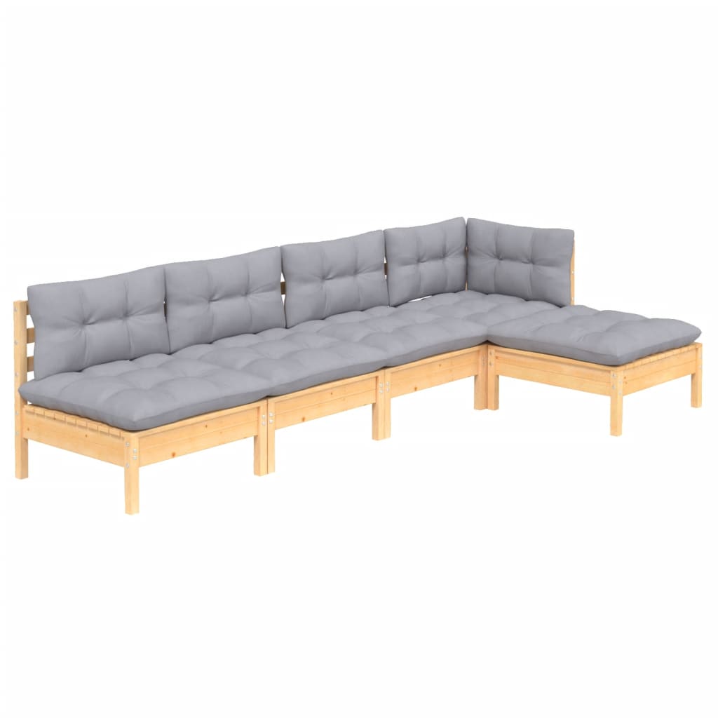 vidaXL 5-tlg. Garten-Lounge-Set mit Grauen Kissen Kiefernholz