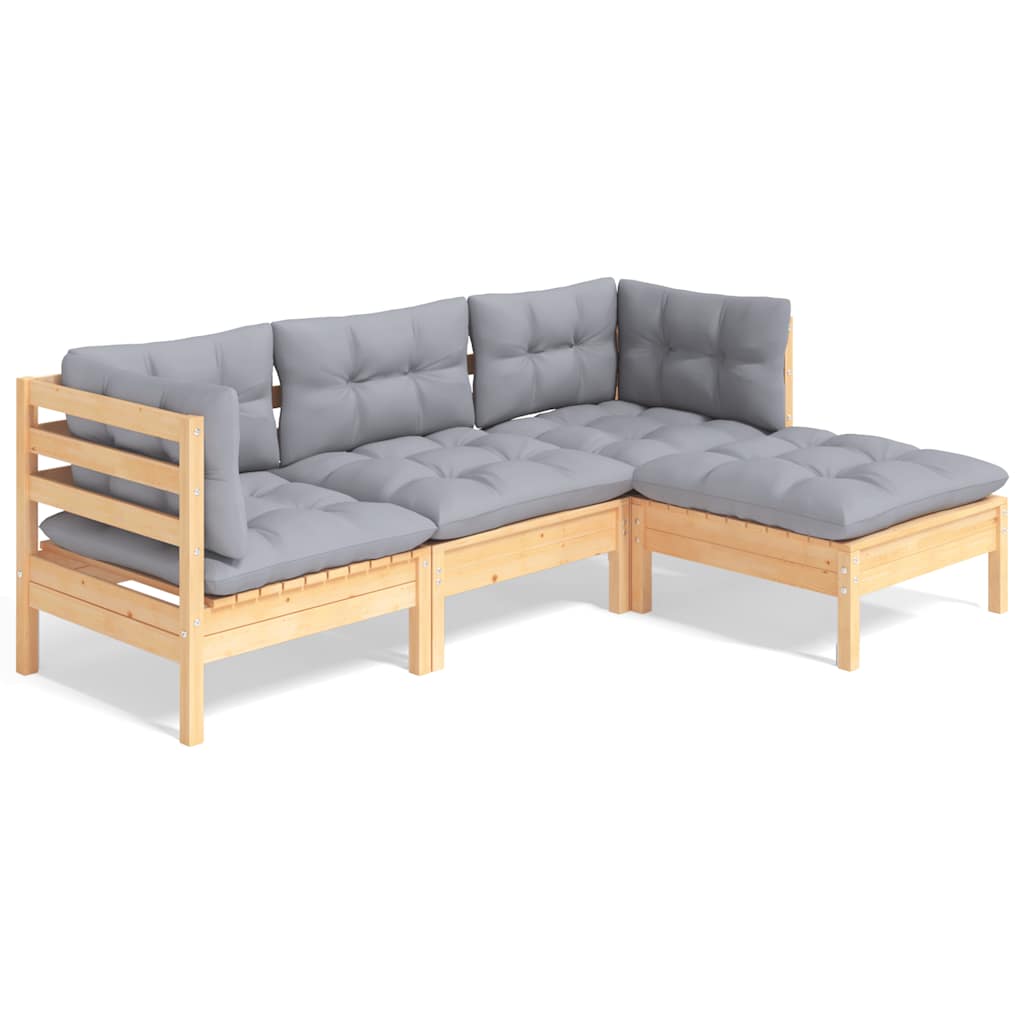 vidaXL 4-tlg. Garten-Lounge-Set mit Grauen Kissen Kiefernholz