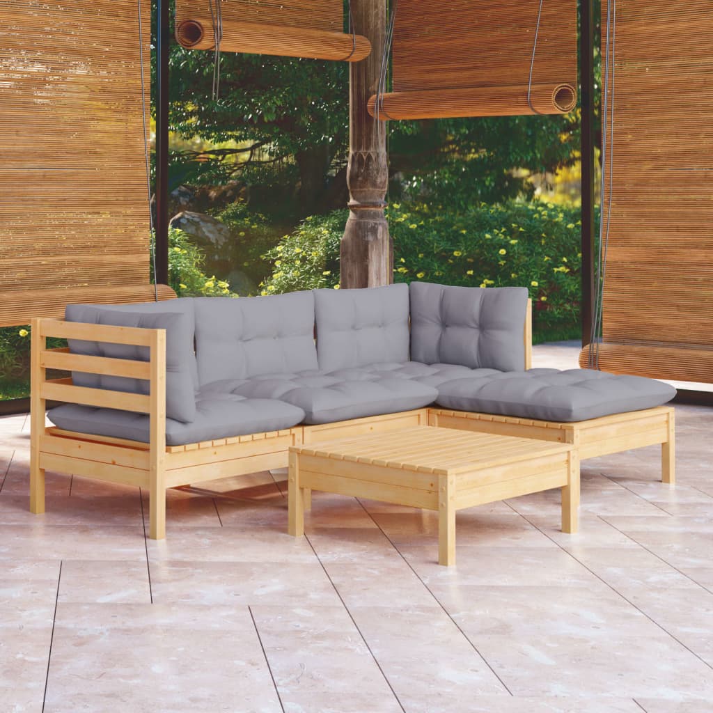 vidaXL 5-tlg. Garten-Lounge-Set mit Grauen Kissen Kiefernholz
