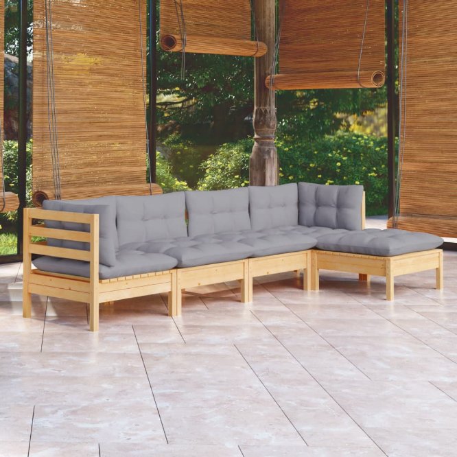 vidaXL 5-tlg. Garten-Lounge-Set mit Grauen Kissen Kiefernholz