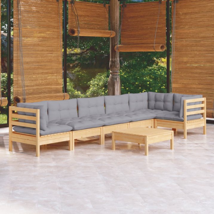 vidaXL 7-tlg. Garten-Lounge-Set mit Grauen Kissen Kiefernholz