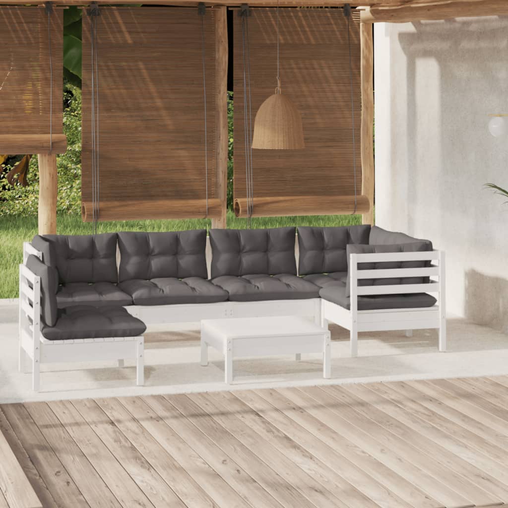 vidaXL 7-tlg. Garten-Lounge-Set mit Grauen Kissen Kiefernholz
