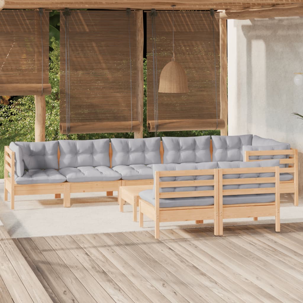 vidaXL 9-tlg. Garten-Lounge-Set mit Grauen Kissen Kiefer Massivholz